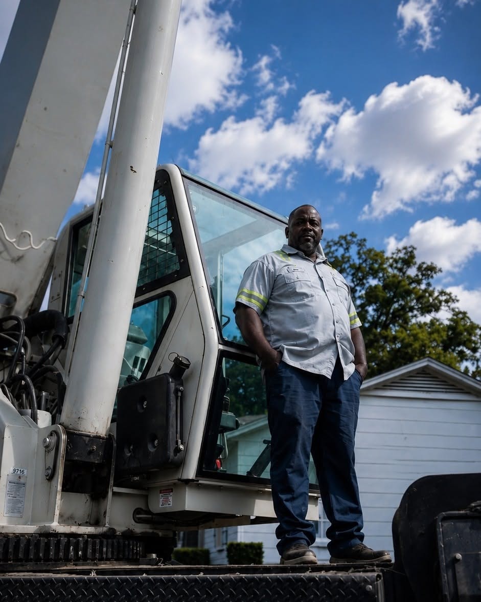 Trades business owner standing beside heavy equipment on a job site